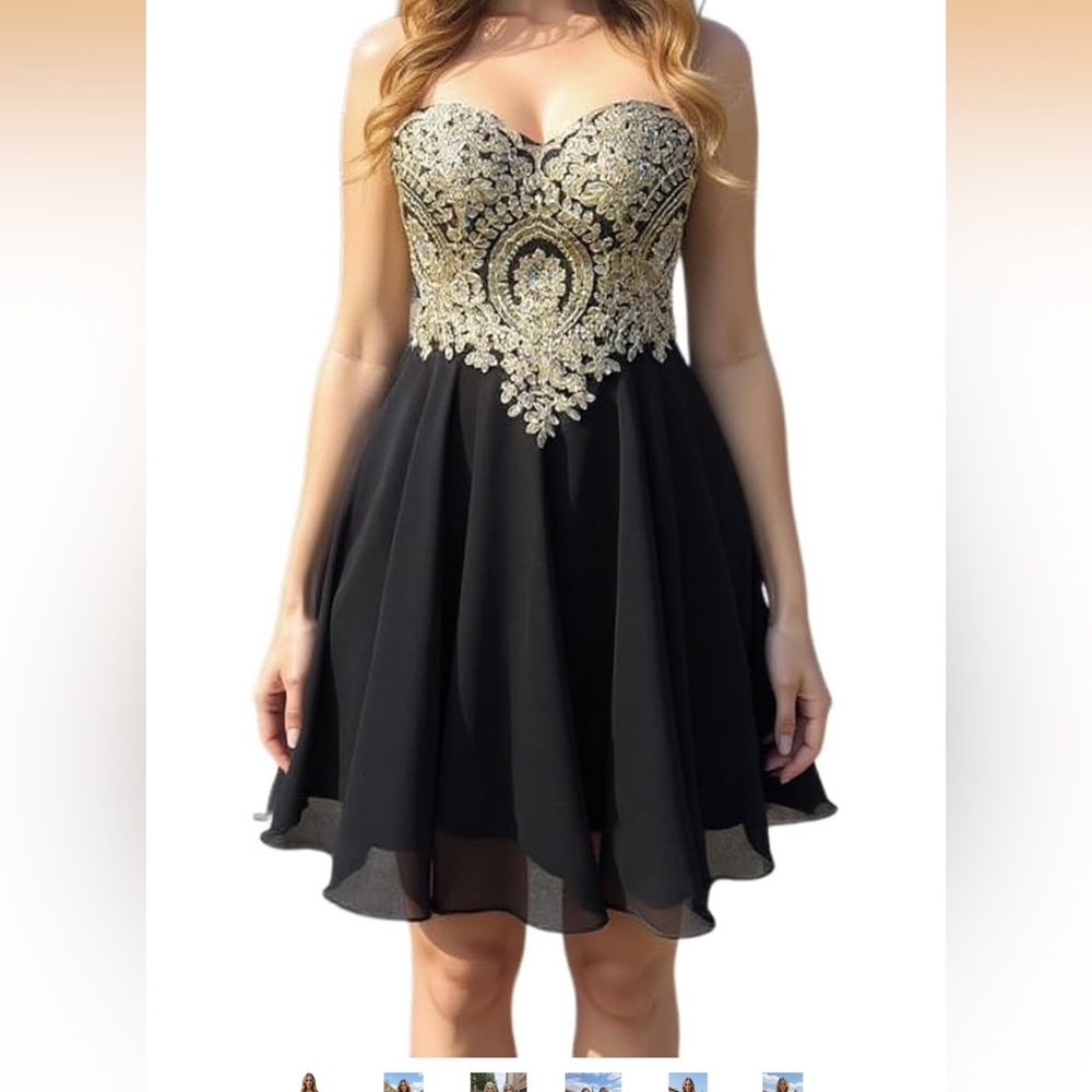 Strapless Black Party Dress with Gold Embroidered Bodice